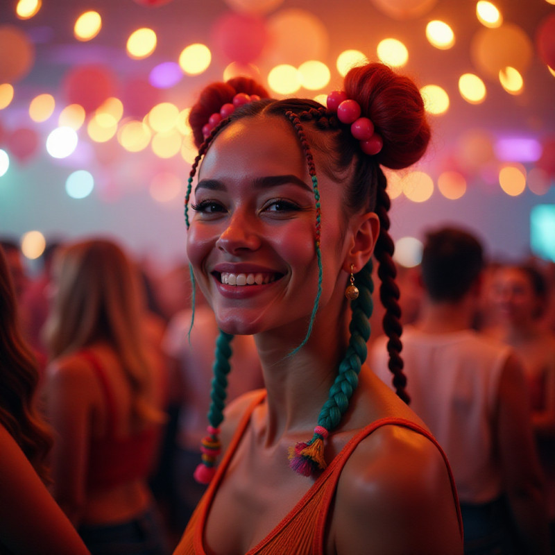 A woman celebrating with bubble braids at a colorful event.