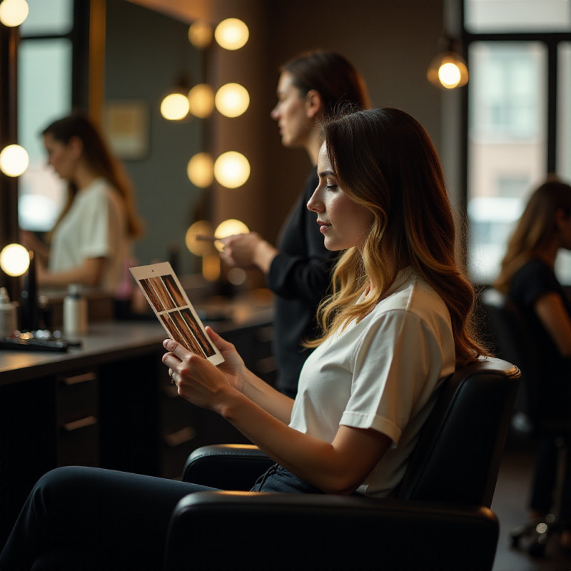 A woman consulting her hairstylist about balayage.