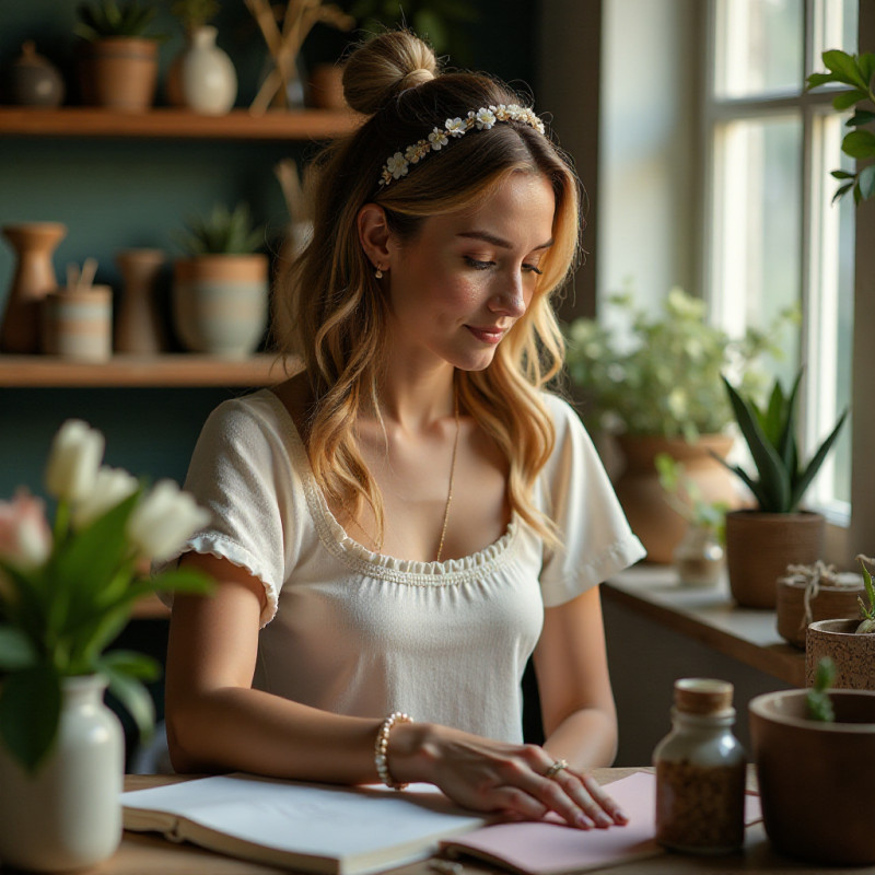 A woman crafting custom floral hair accessories in her studio.