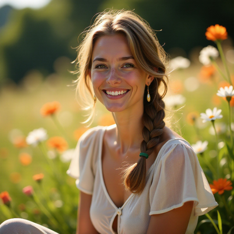 A woman enjoying a colorful scarf braid with flowers in the background.