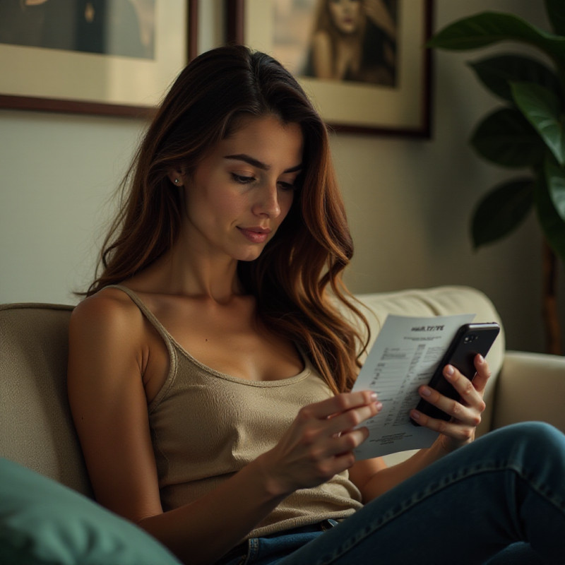 A woman examining hair types on her phone.