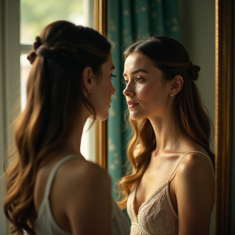 A woman experimenting with hair parting.