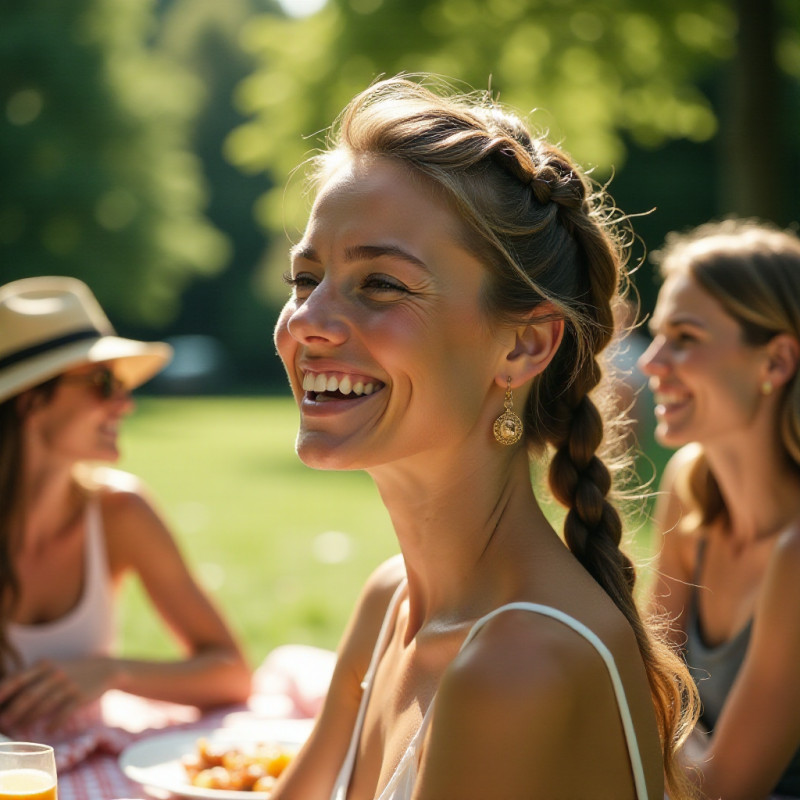 A woman having fun at a picnic with a braided side ponytail.