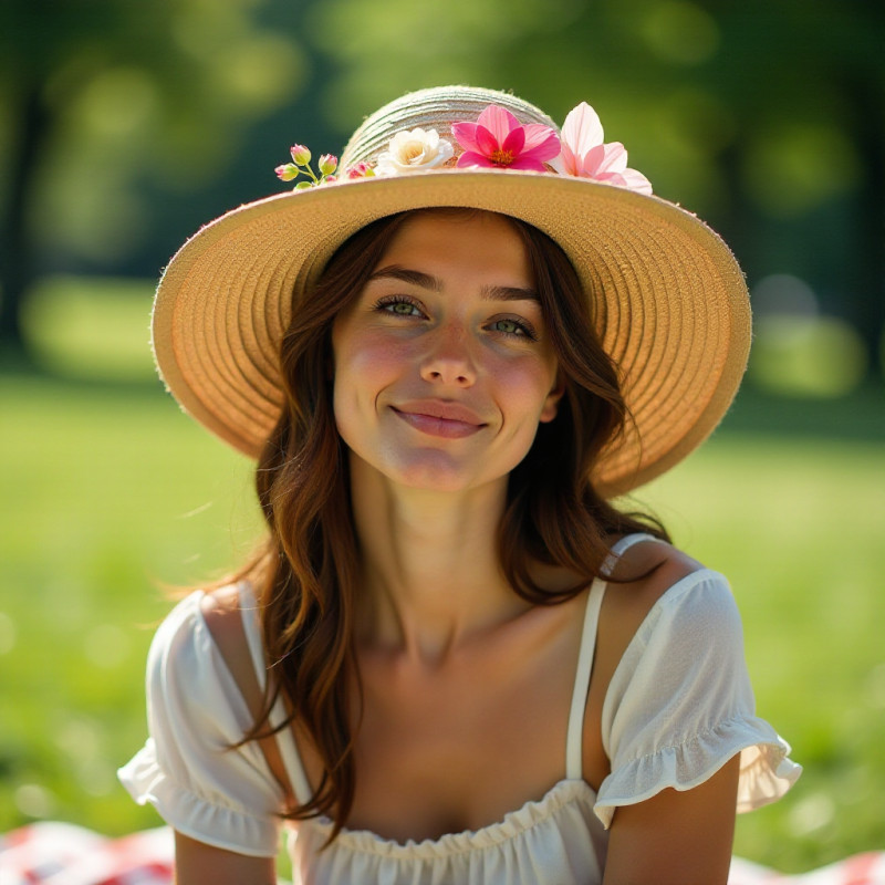 A woman in a floppy hat decorated with flowers.