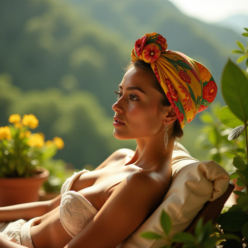 A woman in a floral head wrap sitting on a balcony.