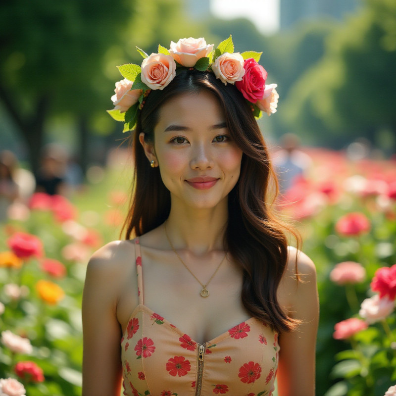 A woman in a floral headband surrounded by greenery.