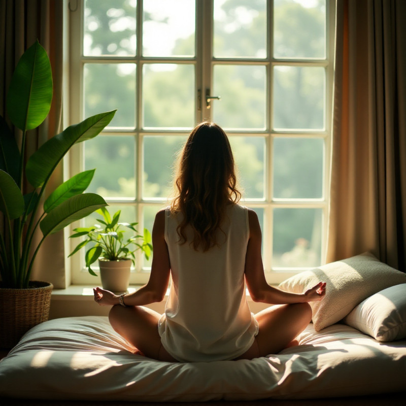 A woman meditating in a calm environment.