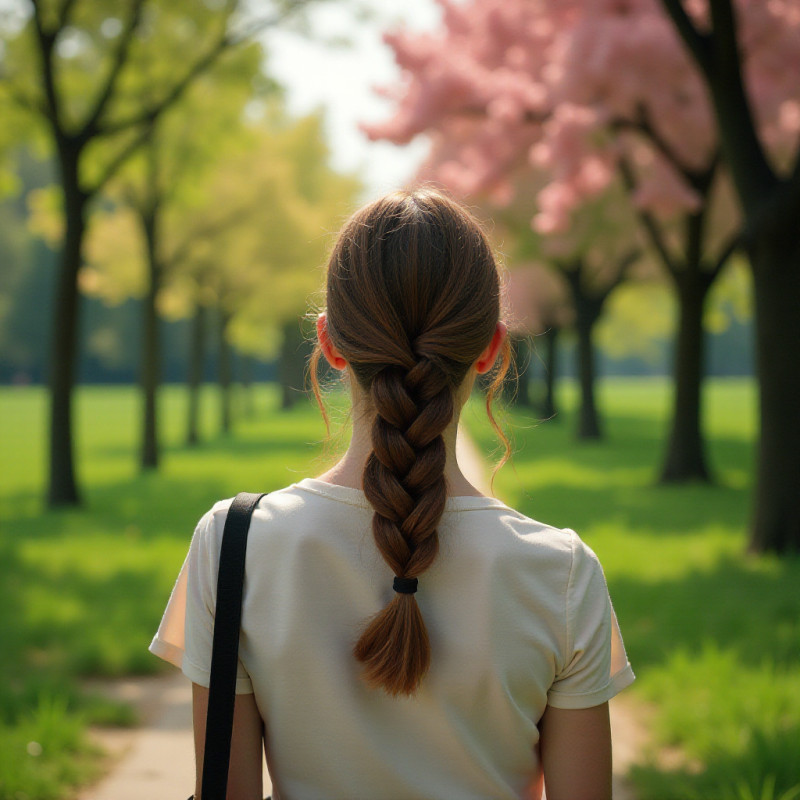 A woman on a walk in the park with a braided headband.