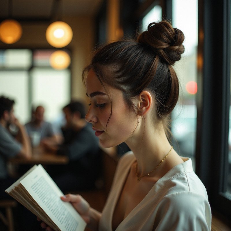 A woman reading a book with a braided bun hairstyle.