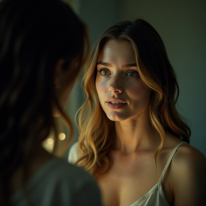 A woman reflecting on her long hair growth.