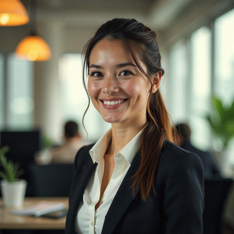 A woman showcasing a half-up ponytail hairstyle.