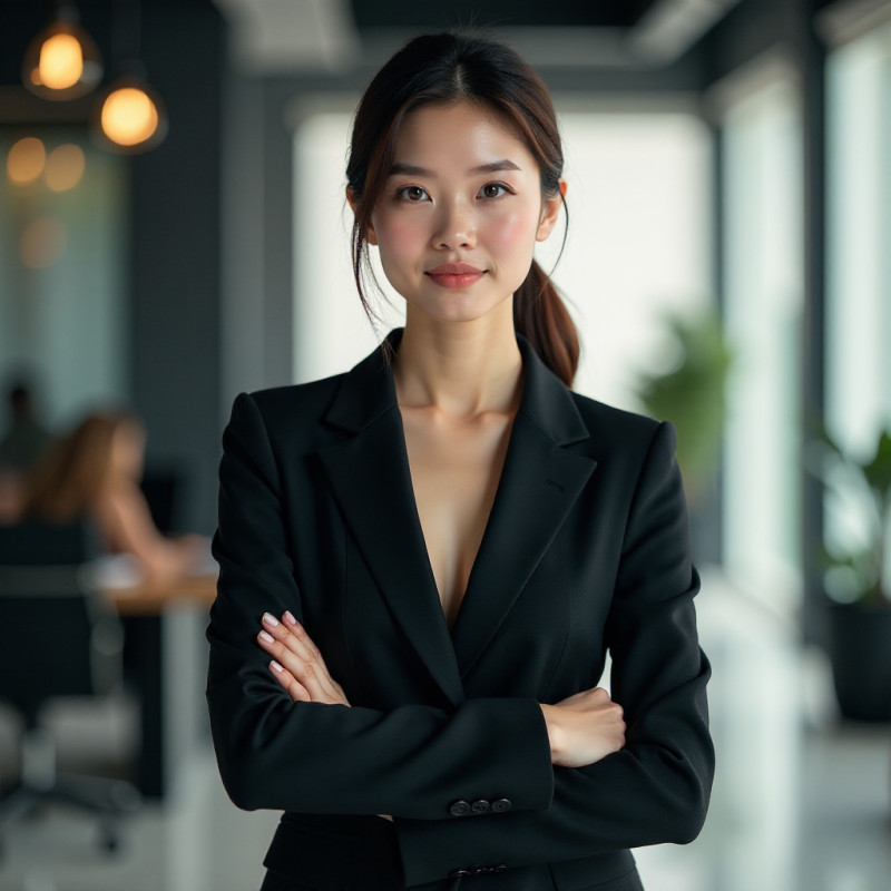 A woman showcasing a sleek low ponytail hairstyle.