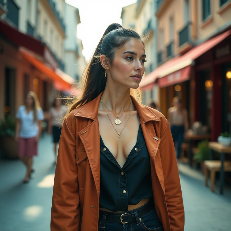 A woman showcasing an inverted ponytail hairstyle.