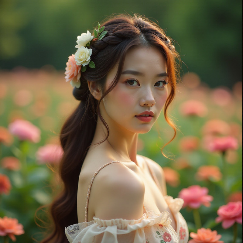 A woman showcasing her half-up braided crown in a flower garden.