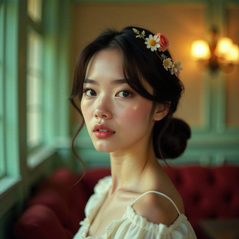 A woman showcasing small floral bouquets in her hairstyle.