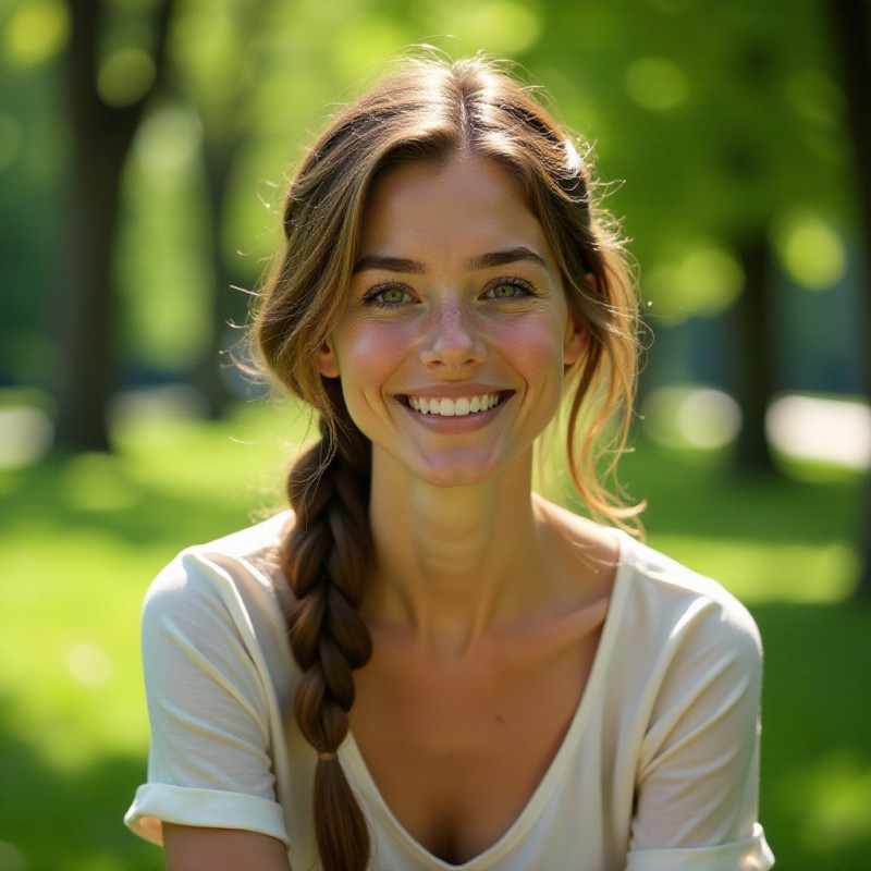 A woman smiling with a French braid hairstyle in a sunny park.