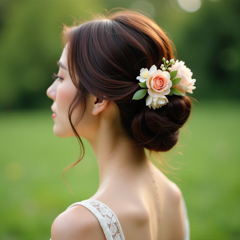 A woman sporting mini floral bouquets in her hairstyle.