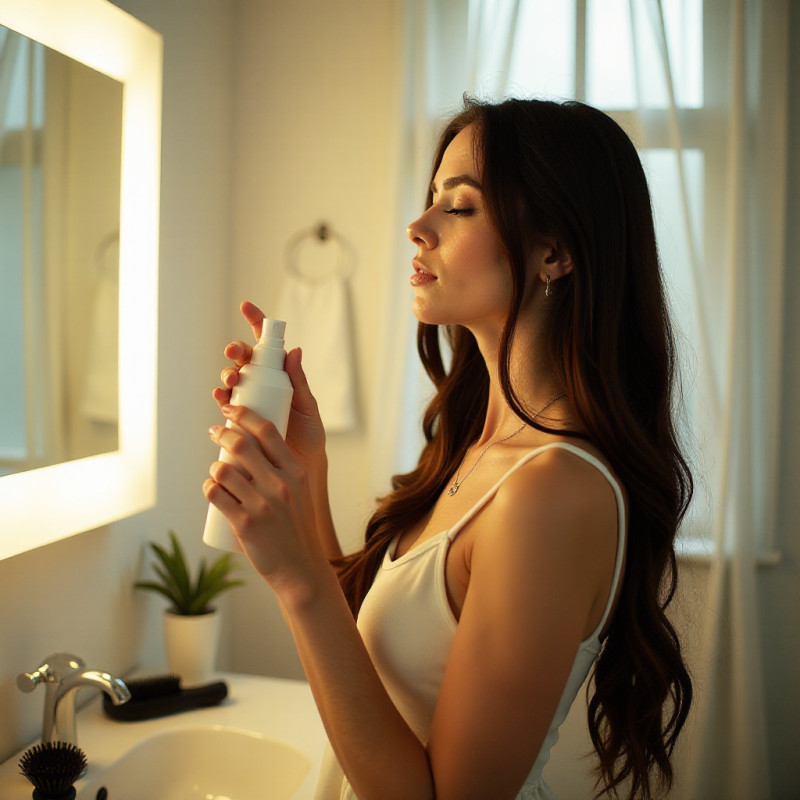 A woman spraying heat protectant onto her long hair.