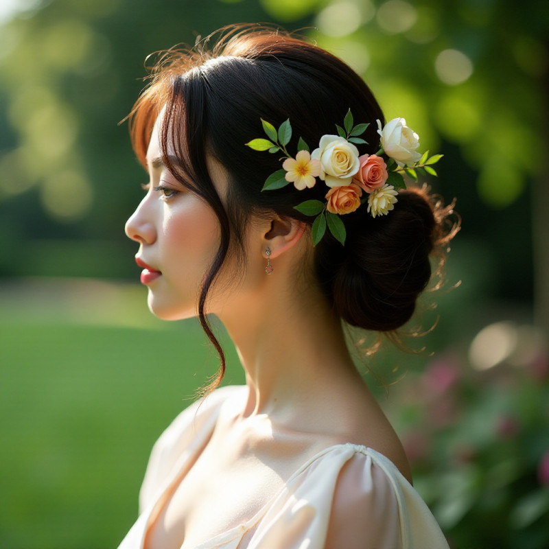 A woman using a floral hair comb in her hair.