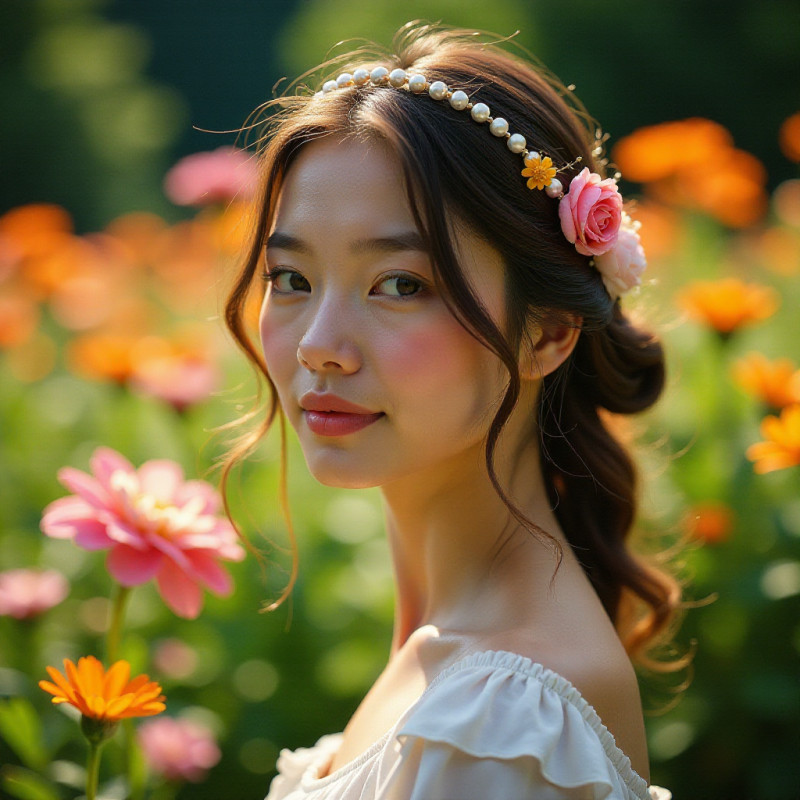 A woman with a beaded floral headband among flowers.