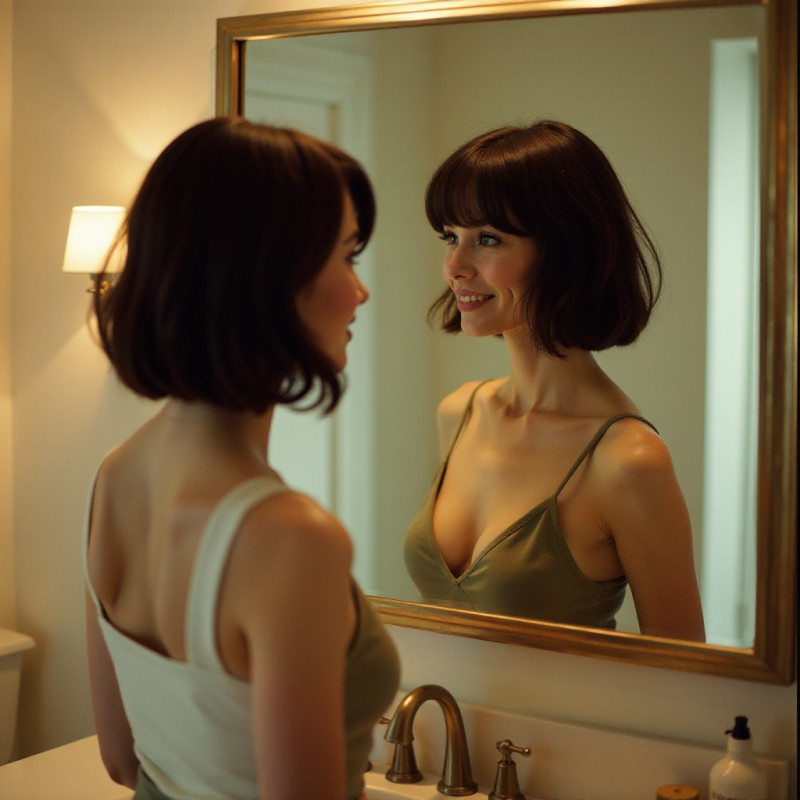 A woman with a bob haircut looking into a mirror, smiling.