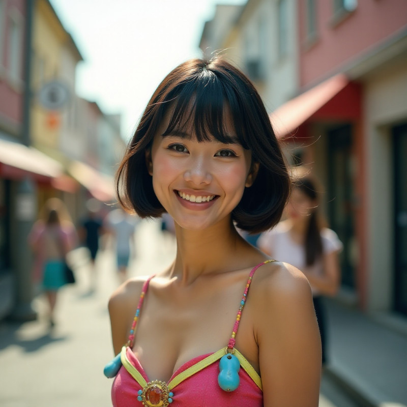 A woman with a bowl cut hairstyle in a colorful urban environment.