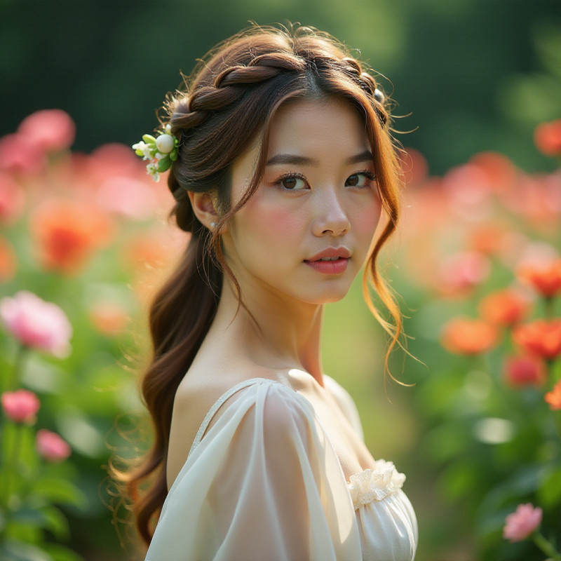 A woman with a braided crown hairstyle in a garden.