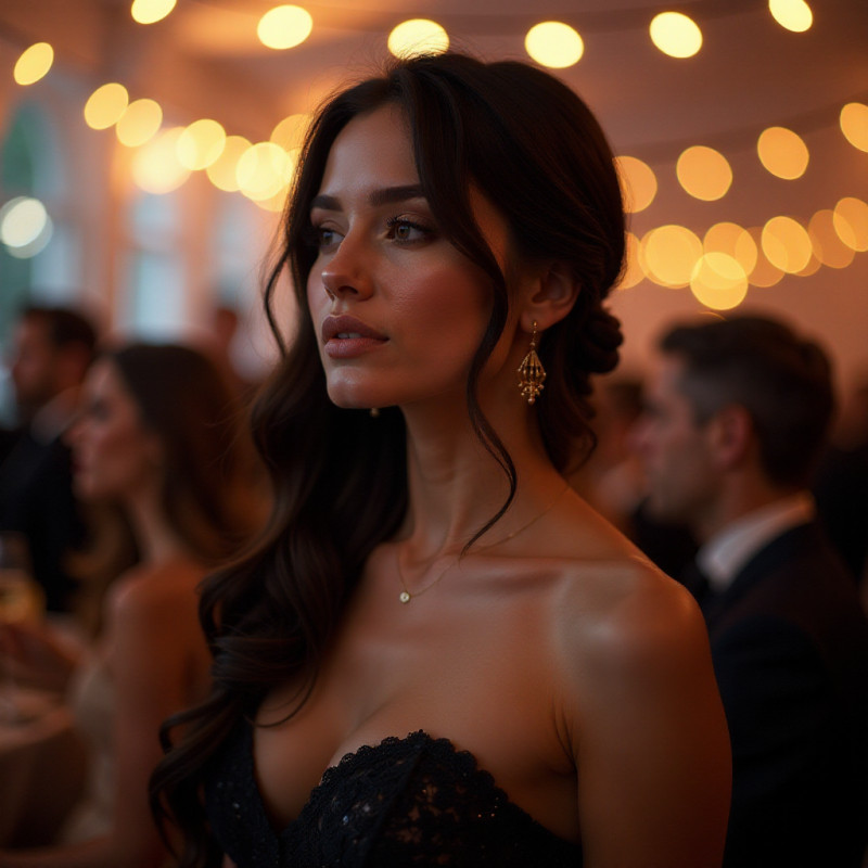 A woman with a creative waterfall braid surrounded by soft fairy lights.