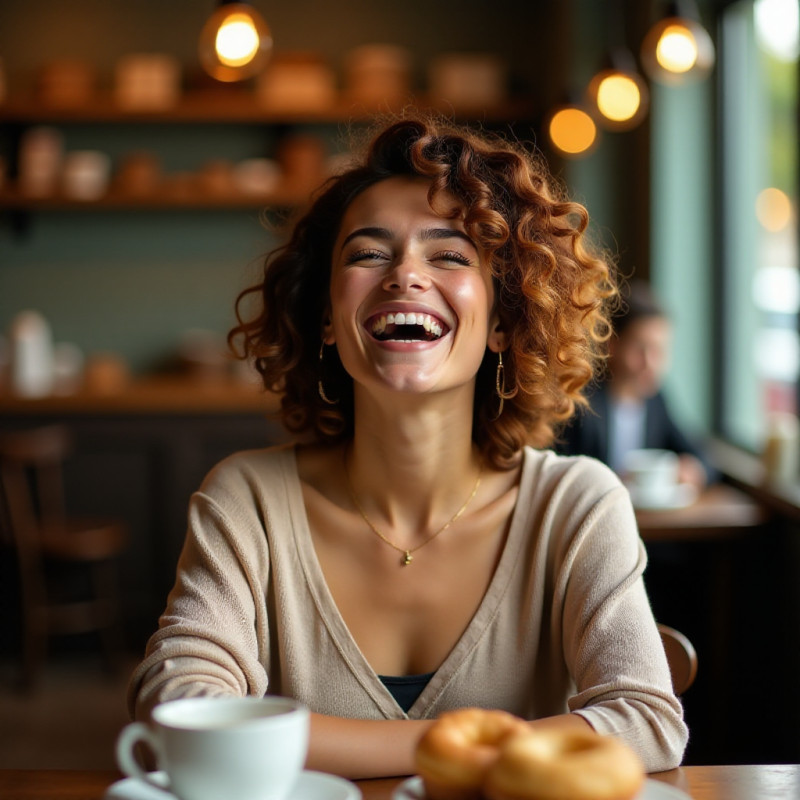 A woman with a curly crop laughing in a cafe.