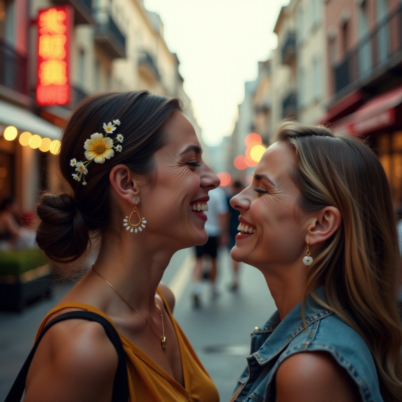 A woman with a floral ear cuff in a city setting.