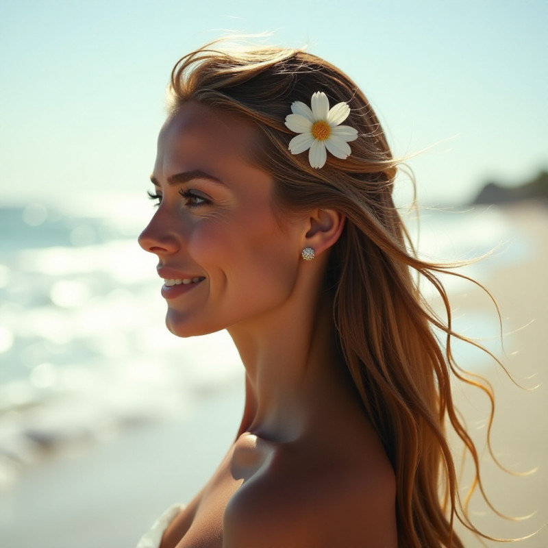 A woman with a floral pin in her hair at the beach.