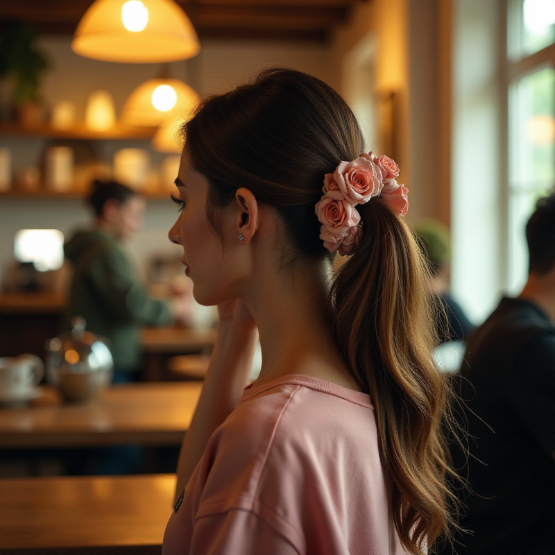 A woman with a floral scrunchie at a coffee shop.