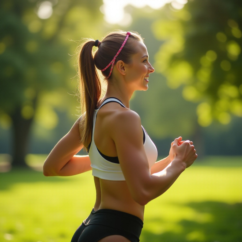 A woman with a headband and ponytail hairstyle.