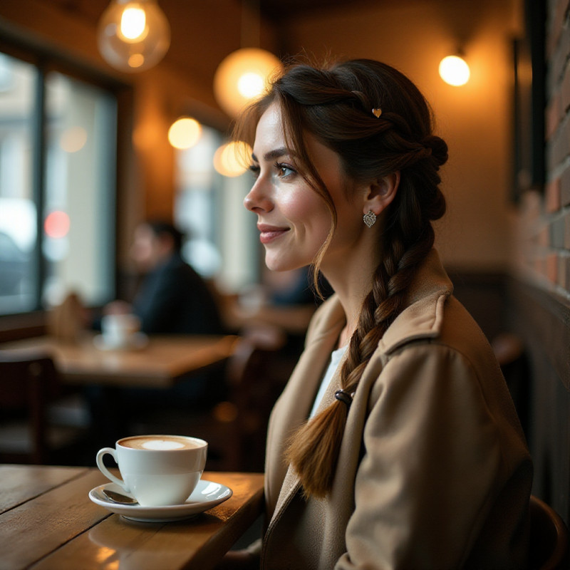 A woman with a heart braid hairstyle at a charming cafe.