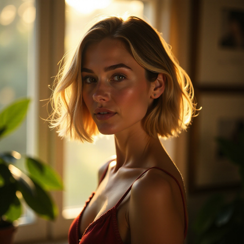 A woman with a highlighted bob hairstyle in warm sunlight.