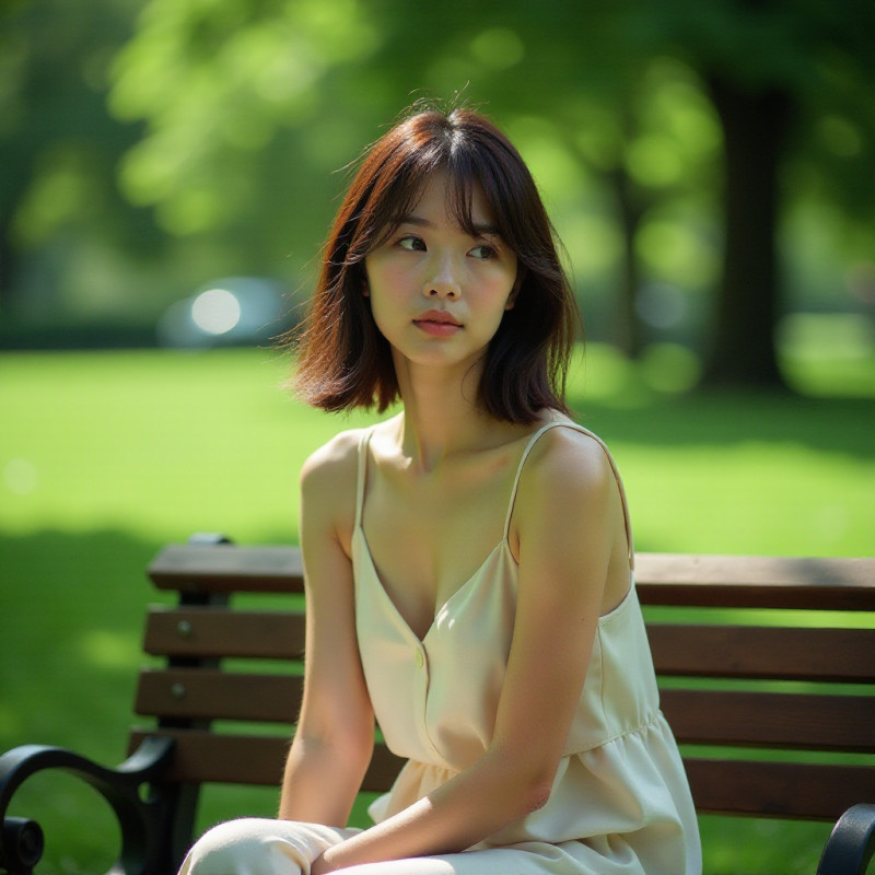 A woman with a long bob hairstyle sitting on a bench in a park.