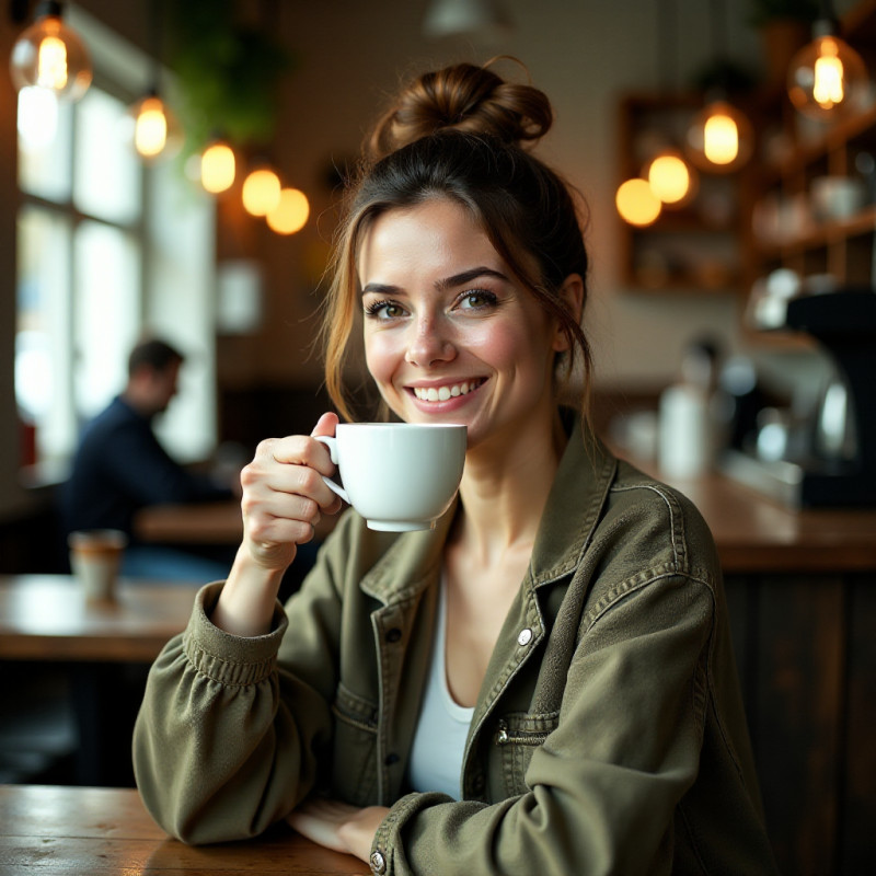 A woman with a messy bun hairstyle in a café.