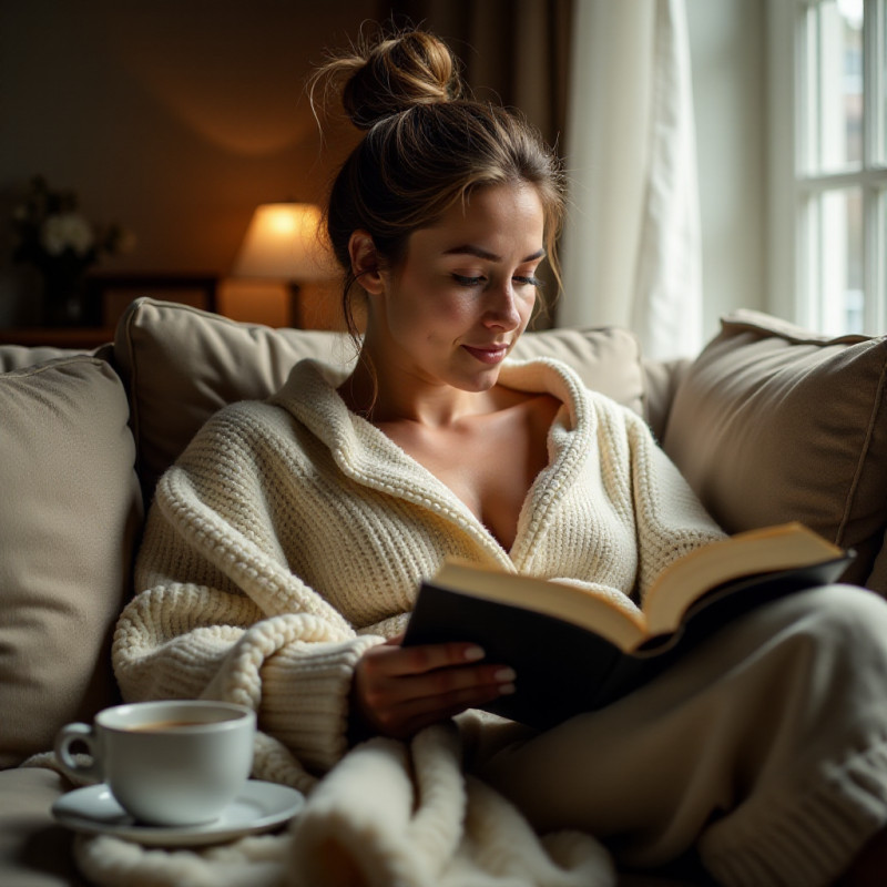 A woman with a messy bun relaxing on her sofa.