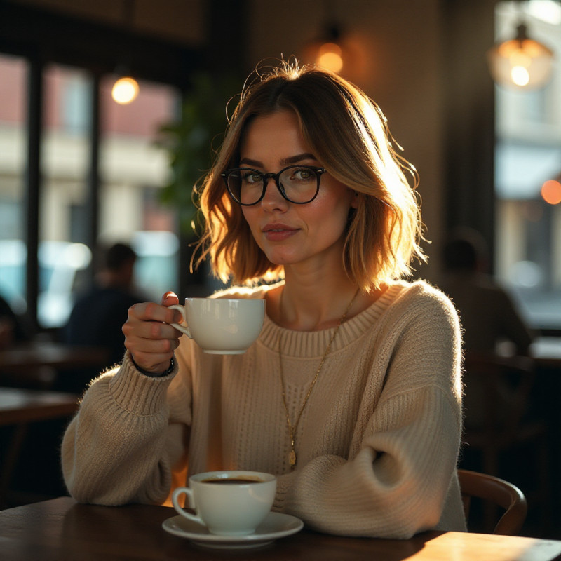 A woman with a neat layered bob haircut sipping coffee in a café.