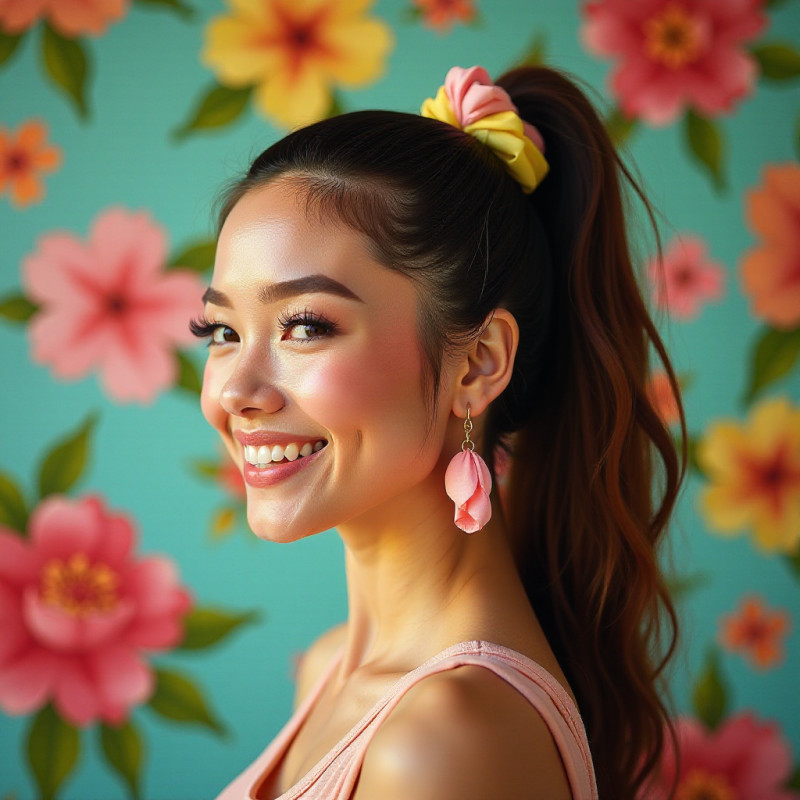 A woman with a ponytail adorned with accessories.