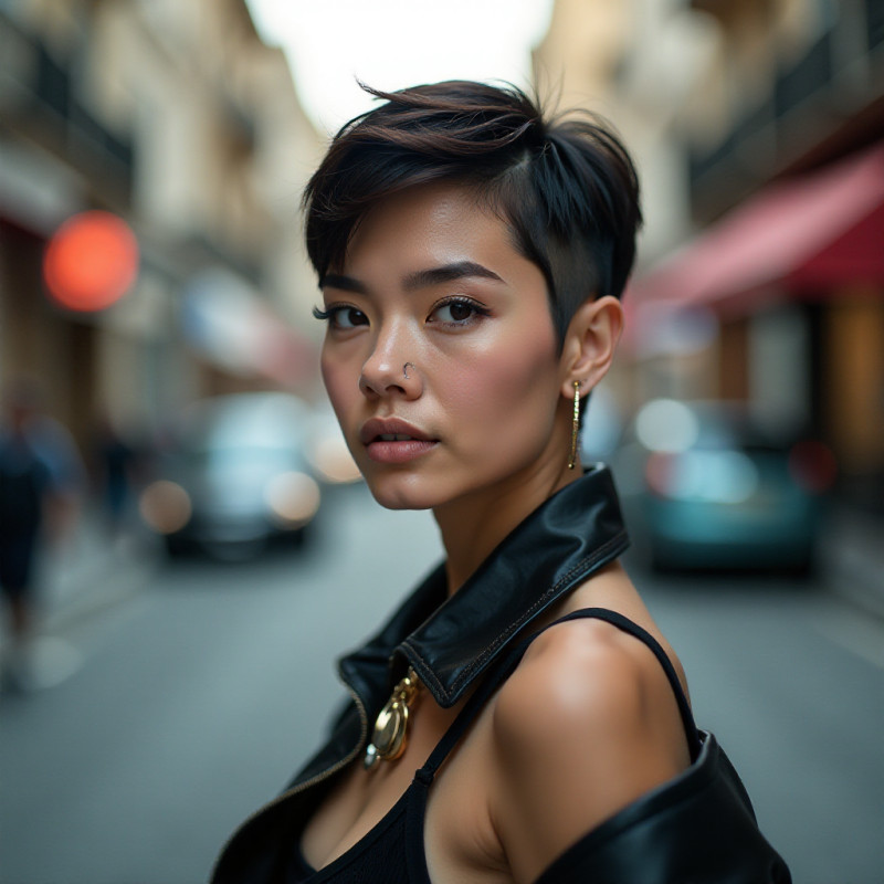 A woman with a stylish pixie cut in urban surroundings.