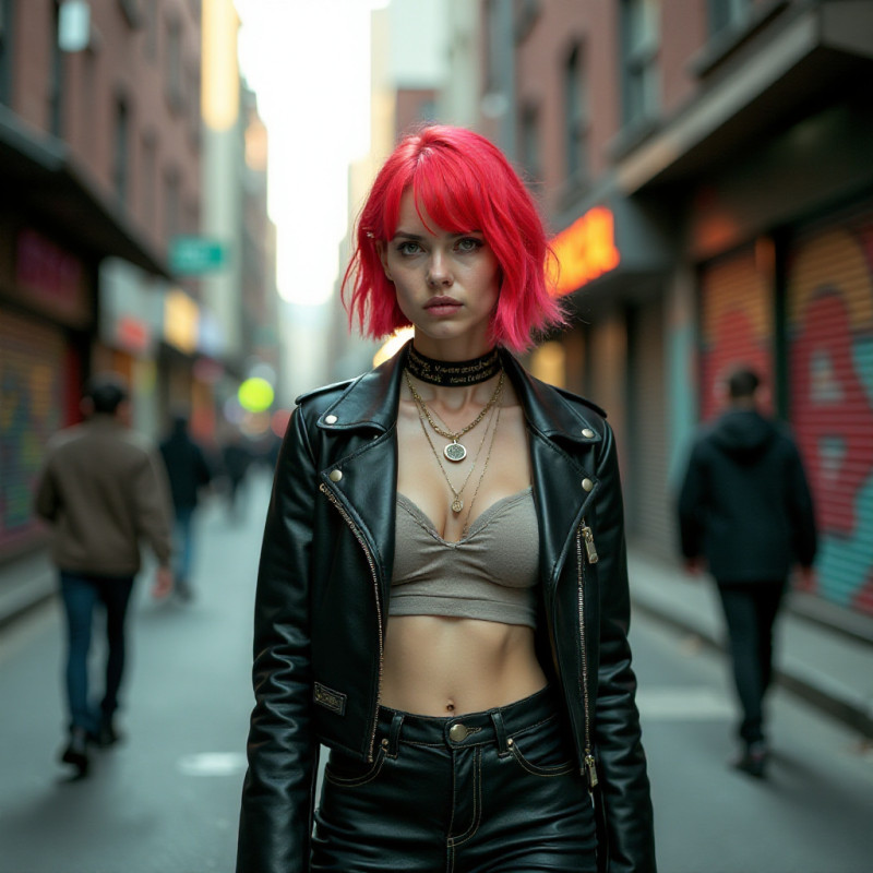 A woman with a vibrant punk bob hairstyle posing confidently on the street.