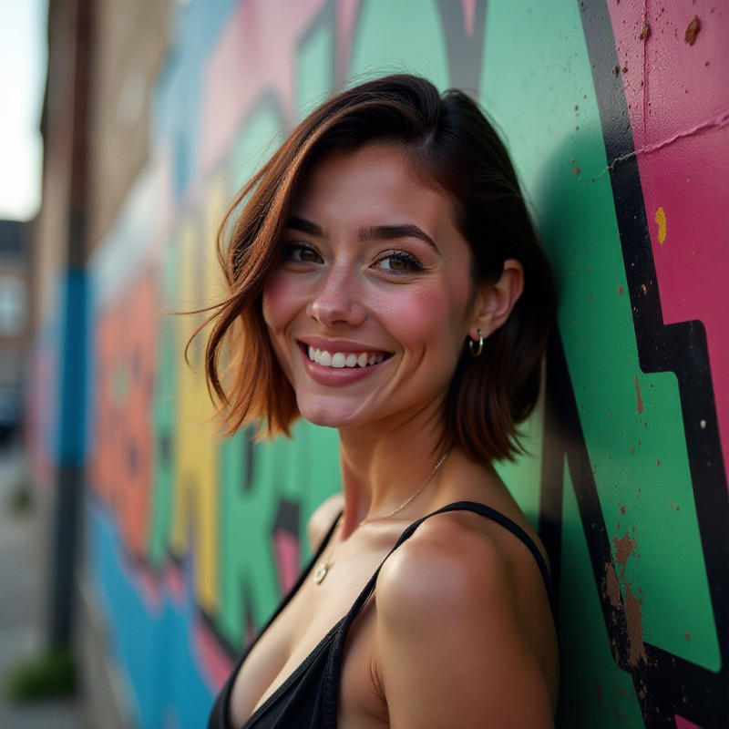 A woman with an asymmetrical bob hairstyle in front of street art.