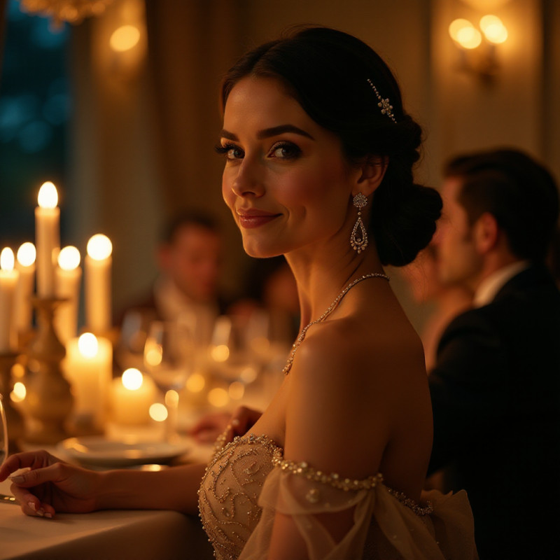 A woman with an elegant halo braid at a romantic dinner.