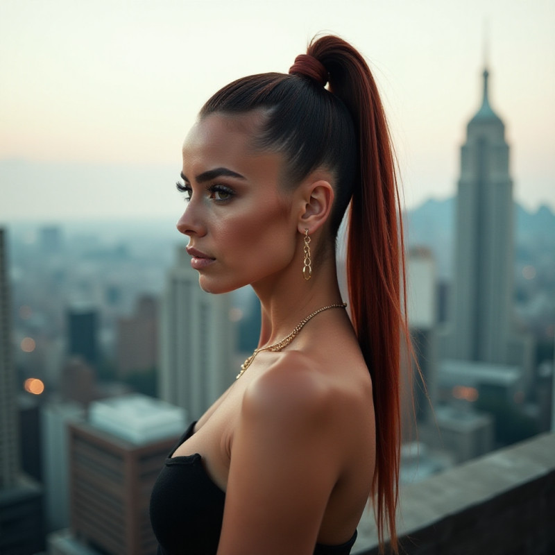 A woman with an undercut hairstyle on a rooftop.