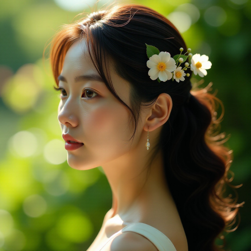 A woman with dark hair decorated with a floral hair clip.