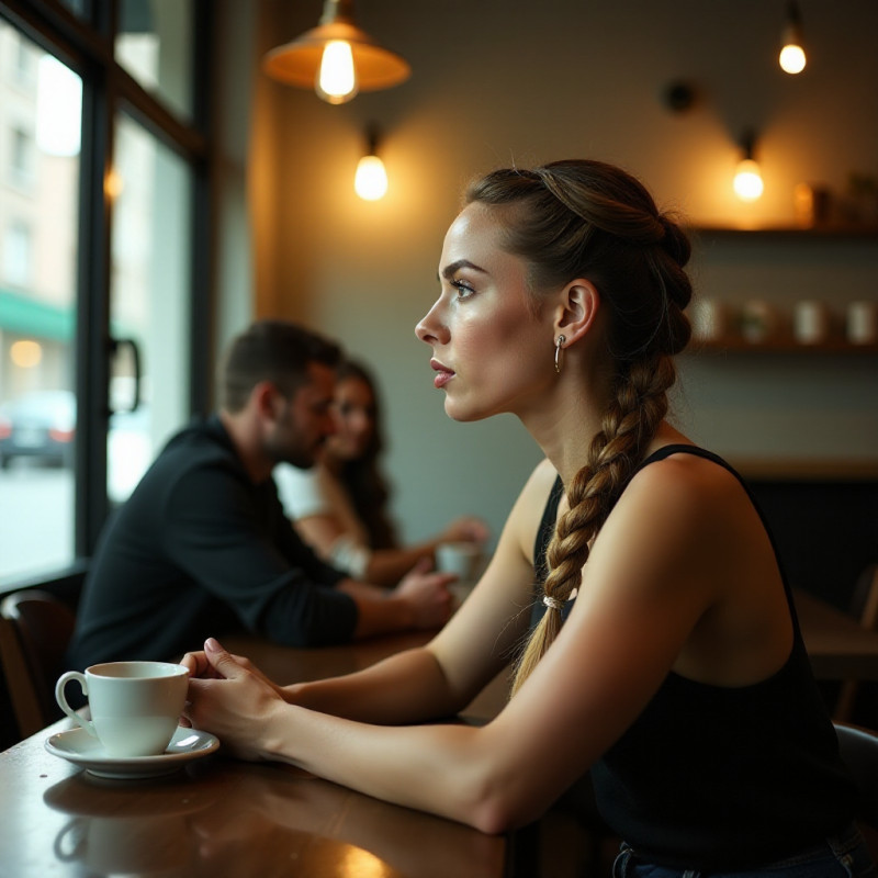 A woman with double Dutch braids enjoying coffee with friends.