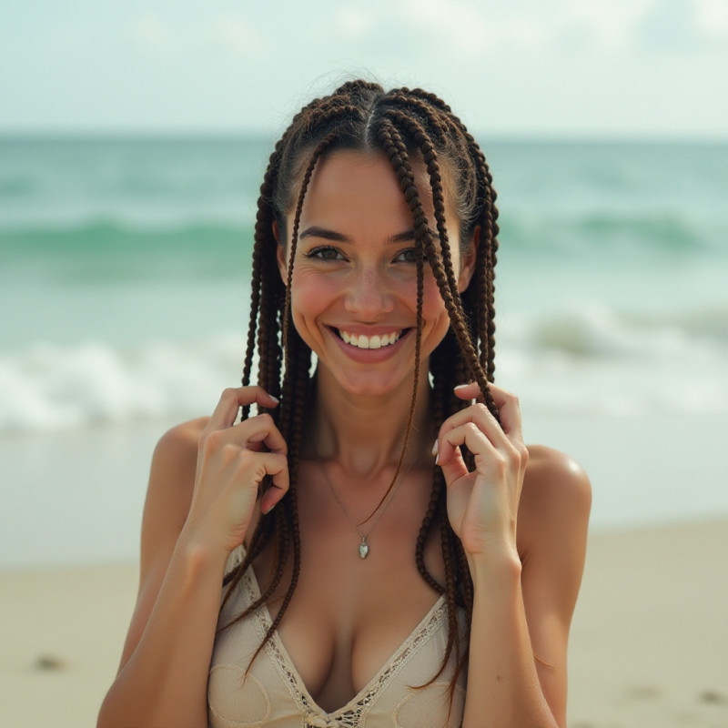 A woman with flat twists standing on the beach.