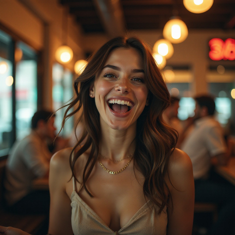 A woman with flipped ends hairstyle at a café.