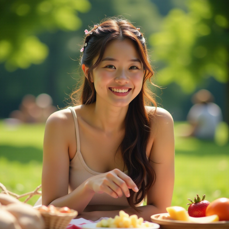 A woman with half-up, half-down hairstyle at a picnic.